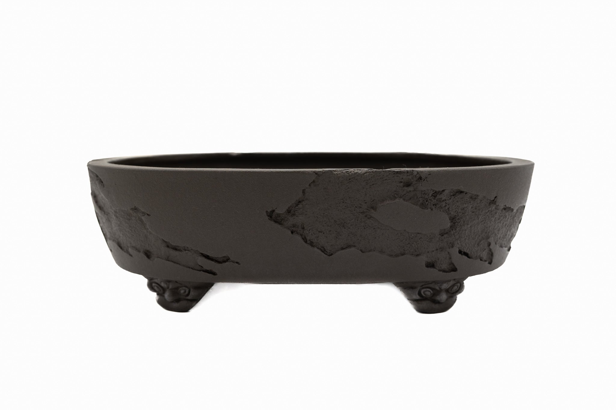 Maceta ovalada grande para bonsái sin esmaltar – Borde decorativo, textura carcomida, base robusta