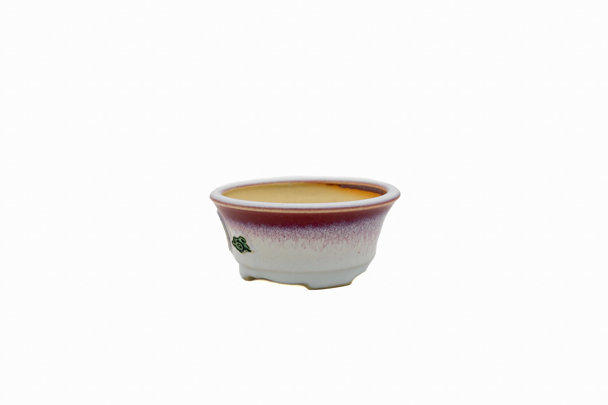Maceta pequeña redonda para bonsái – Esmalte blanco bicolor, medallón de grulla Maceta pequeña redonda para bonsái – Esmalte blanco bicolor, medallón de grulla