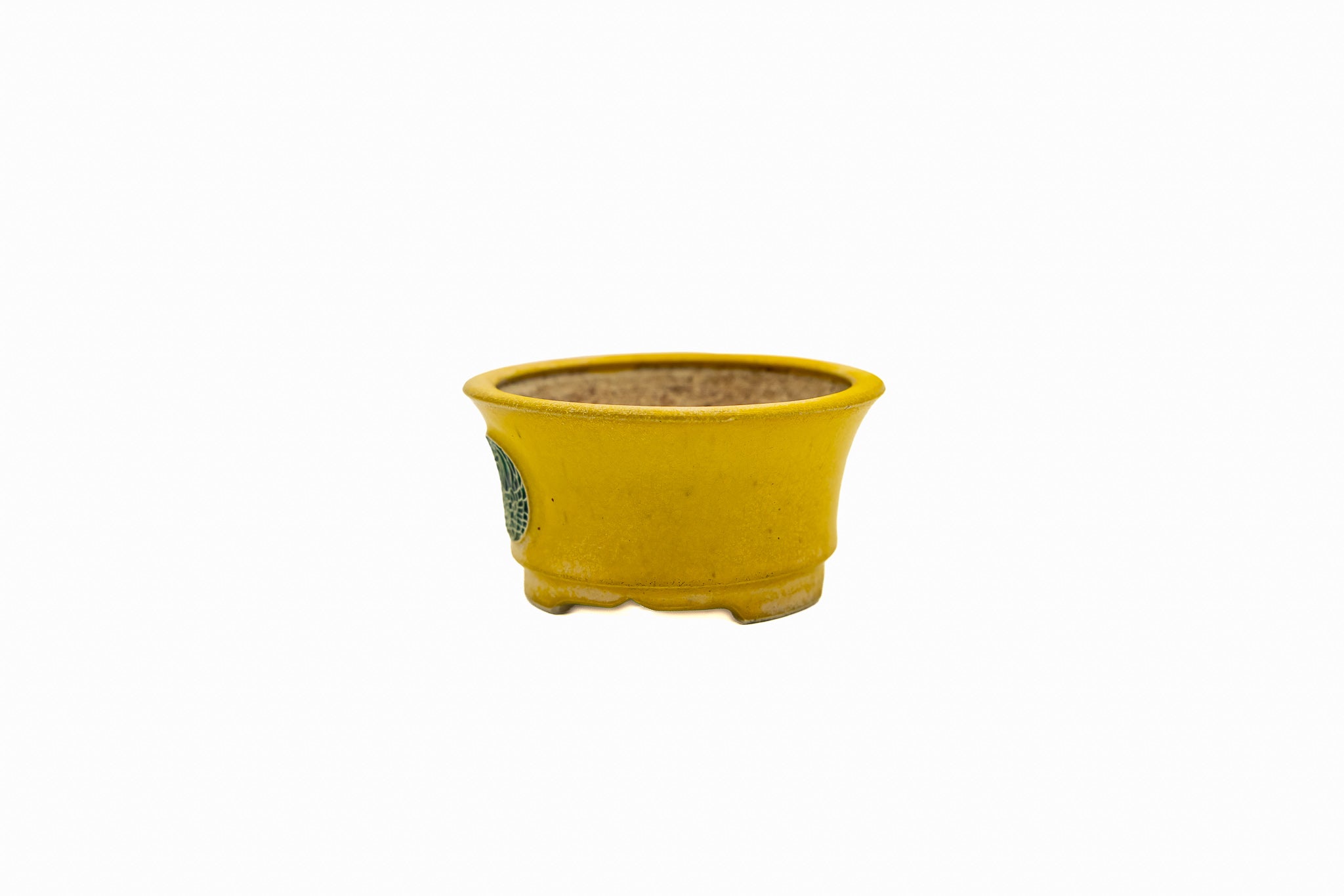Maceta pequeña redonda para bonsái – Esmalte amarillo, medallón vintage