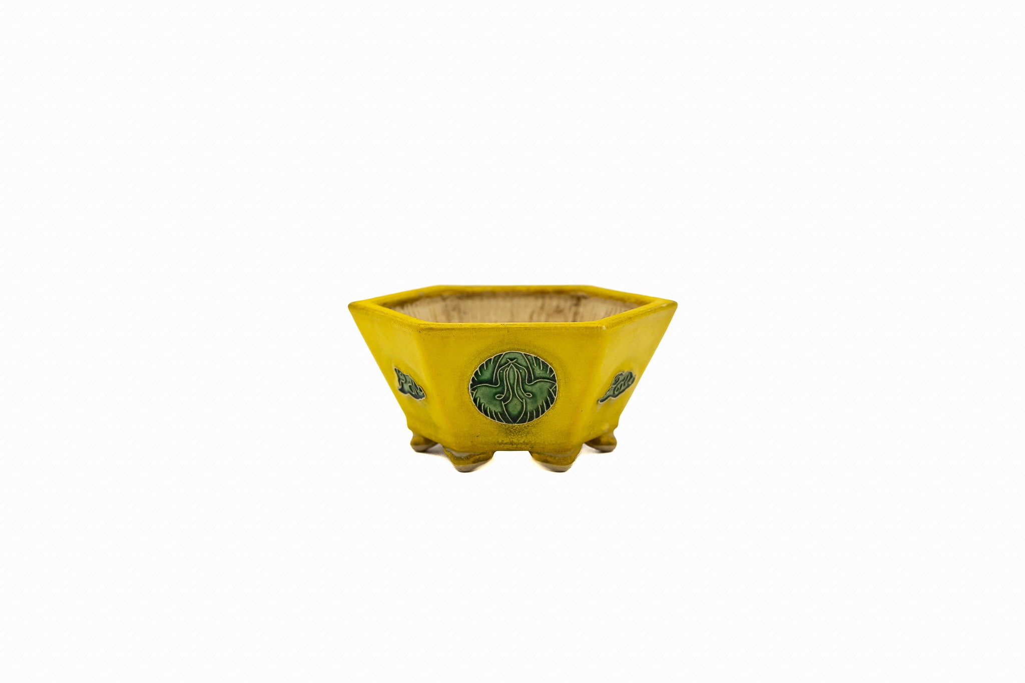 Maceta hexagonal pequeña para bonsái – Esmalte amarillo, medallón vintage