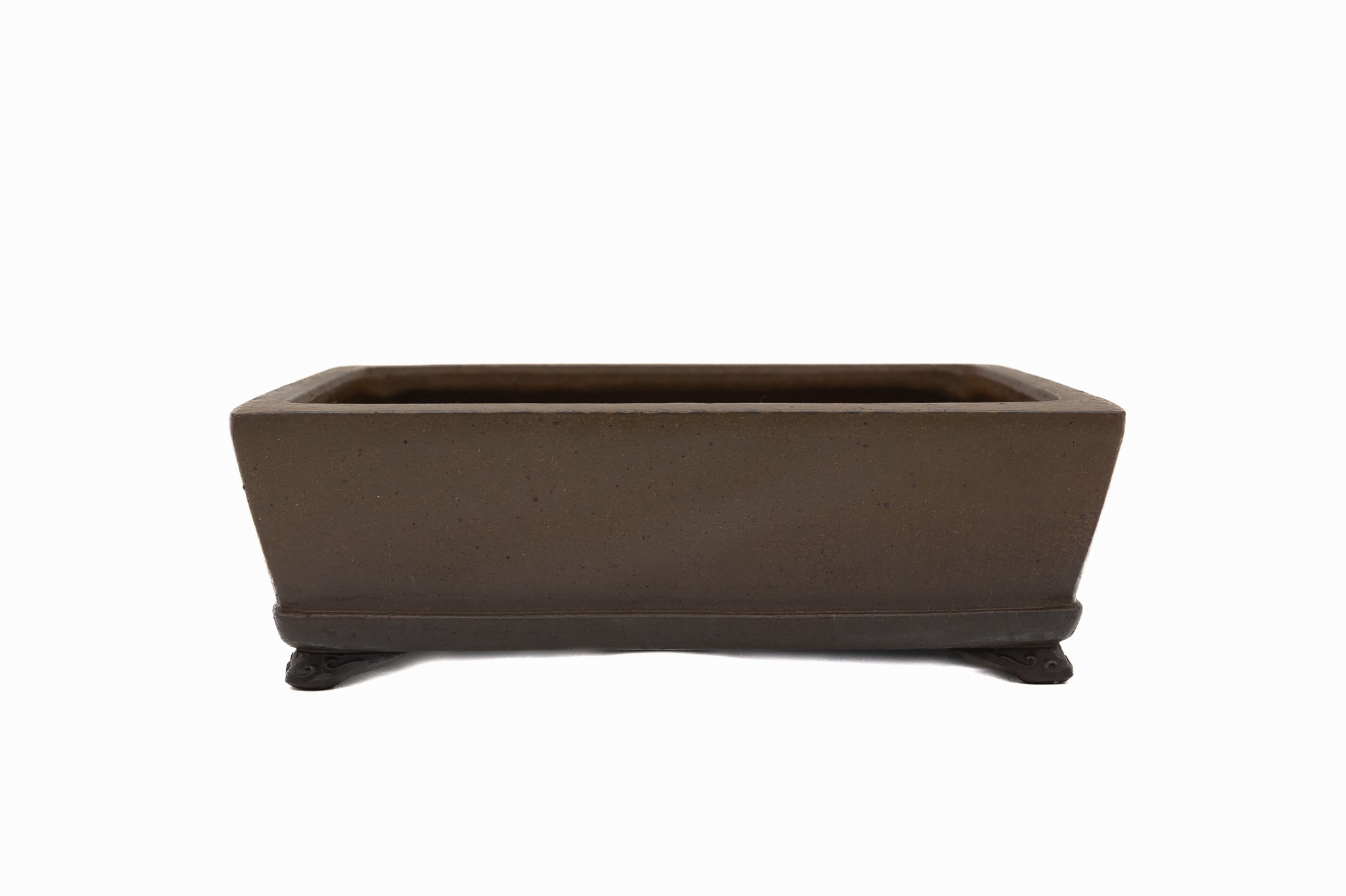 Maceta rectangular grande para bonsái – Esmaltada, firmada con clavos, patas en forma de nube, borde plano invertido.