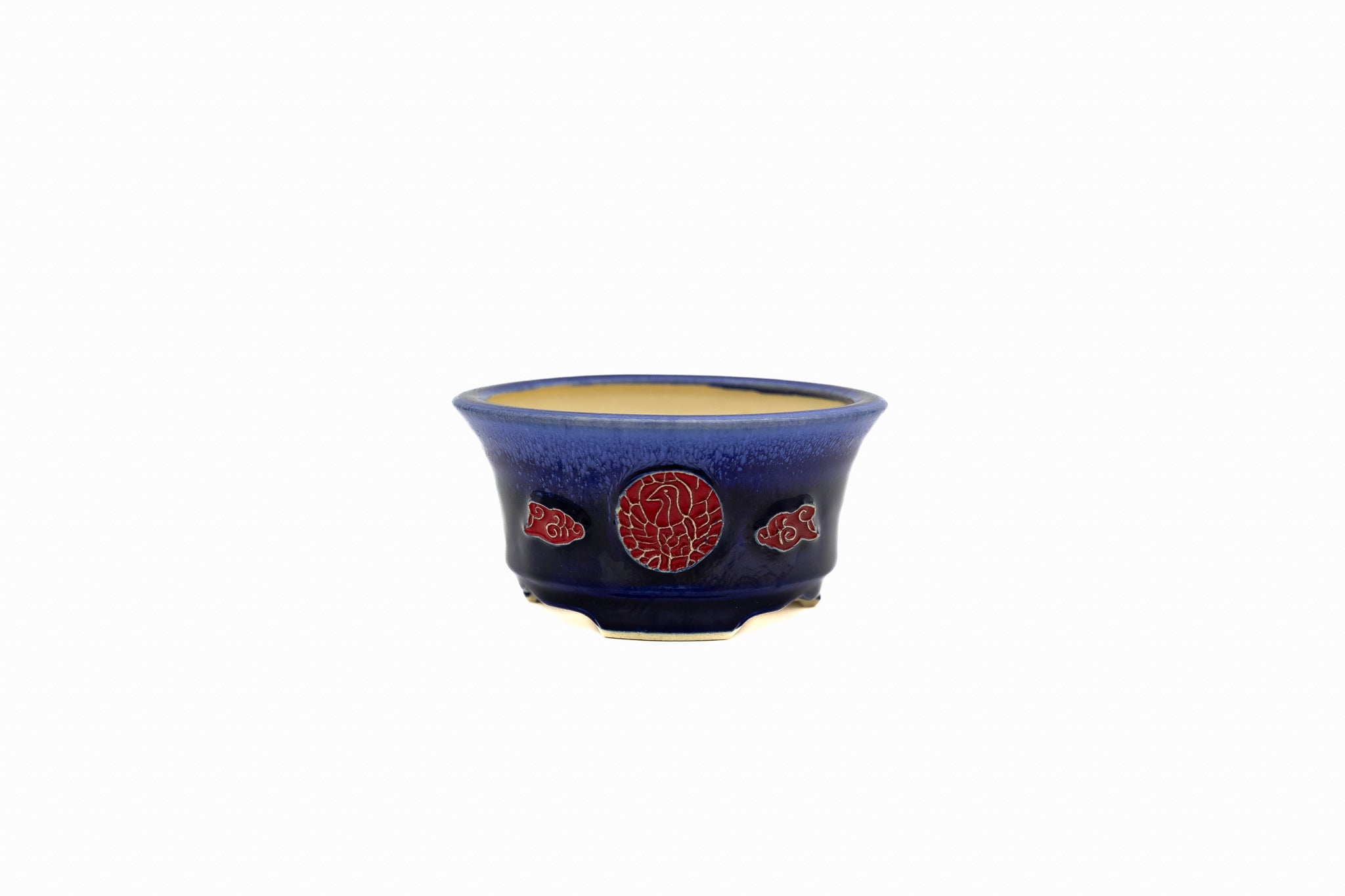 Maceta pequeña redonda para bonsái – Esmalte azul Ruri, calidad de competición, base de corte cuadrado.