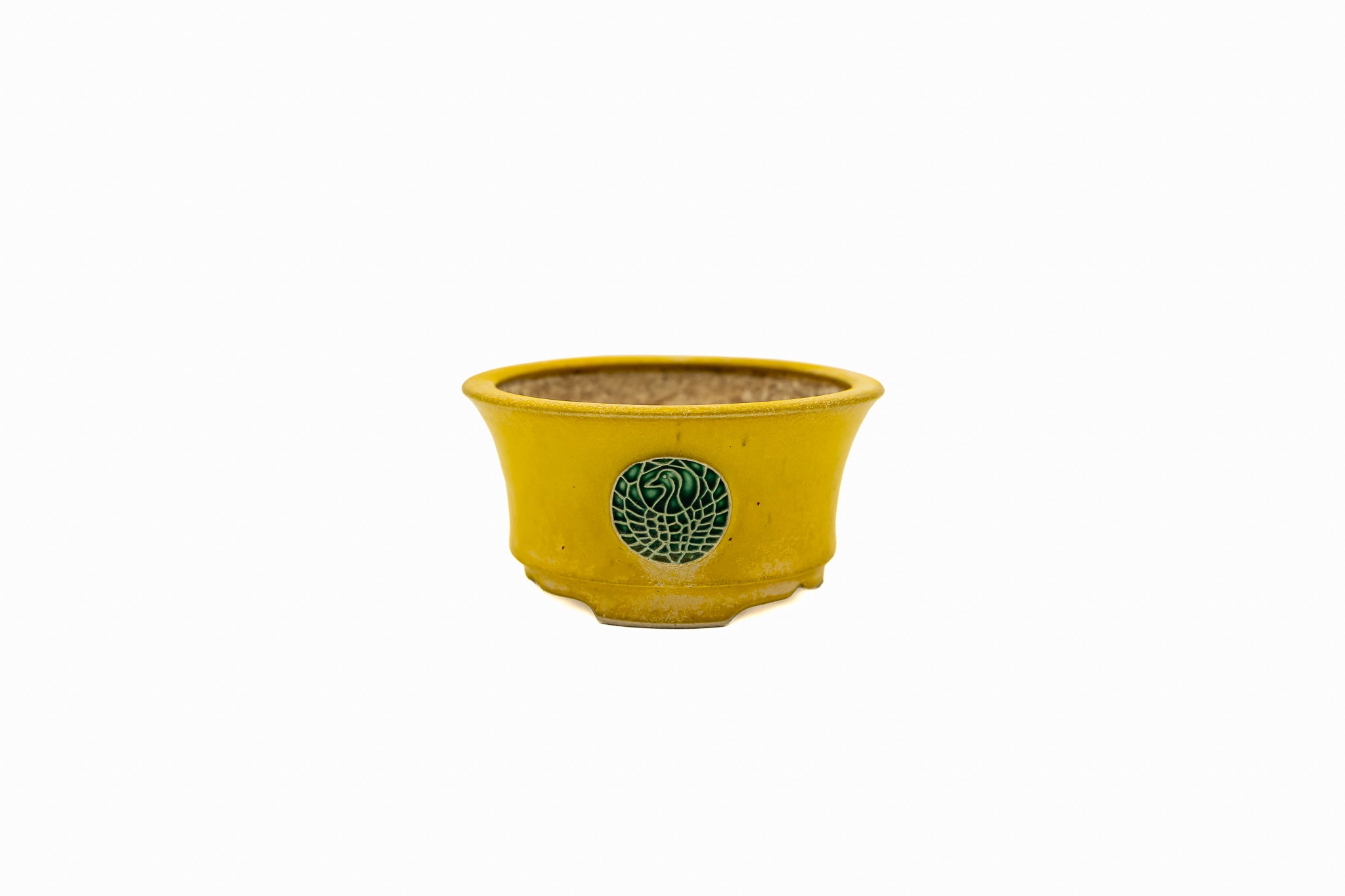 Maceta pequeña redonda para bonsái – Esmalte amarillo, medallón vintage