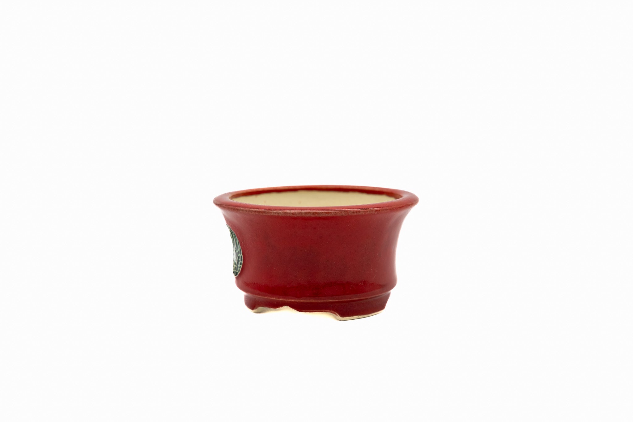 Maceta redonda pequeña para bonsái – Esmalte rojo, forma llamativa Maceta redonda pequeña para bonsái – Esmalte rojo, forma llamativa