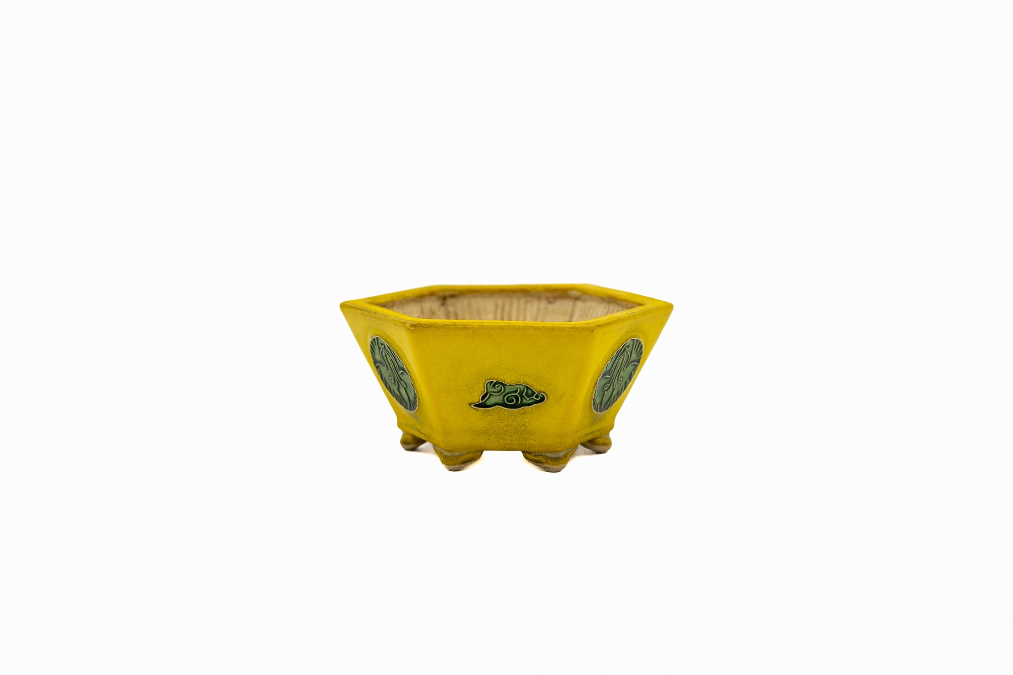 Maceta hexagonal pequeña para bonsái – Esmalte amarillo, medallón vintage